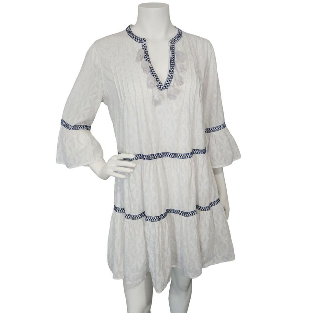 Tommy Bahama White Embroidered Tassel Tiered Dress Cotton Coverup